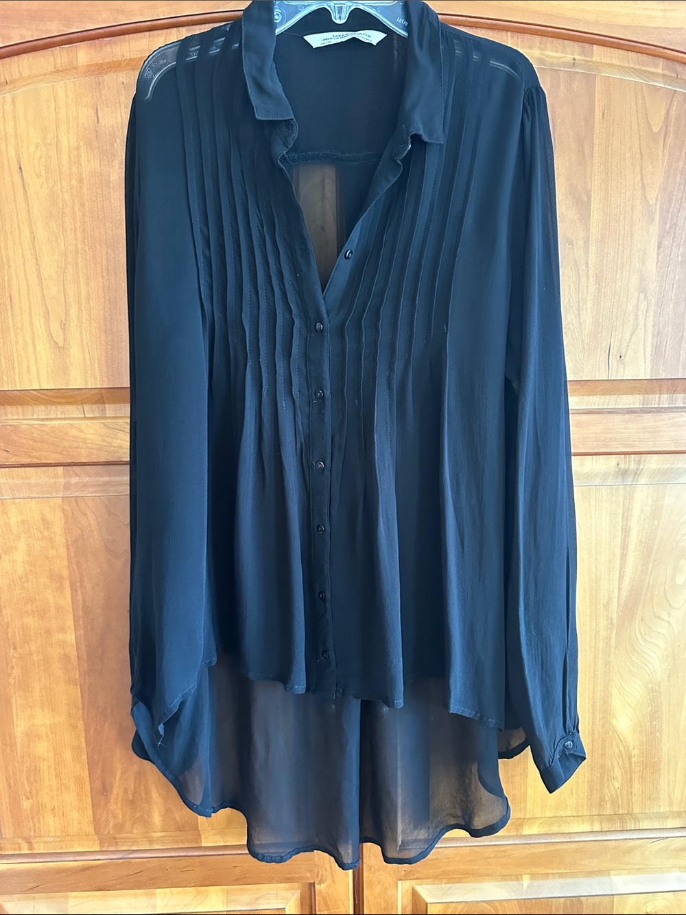 Zara Black Pleated Sheer, Button Down Blouse XL, 24" P-T-P. Viscose, High-Low